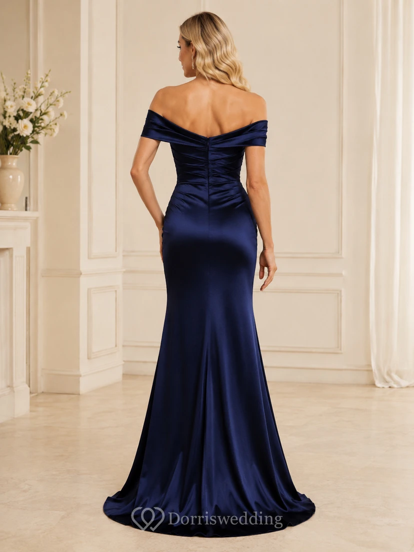 Dark Navy Satin Off Shoulder Slit Mermaid Evening Gown view 2