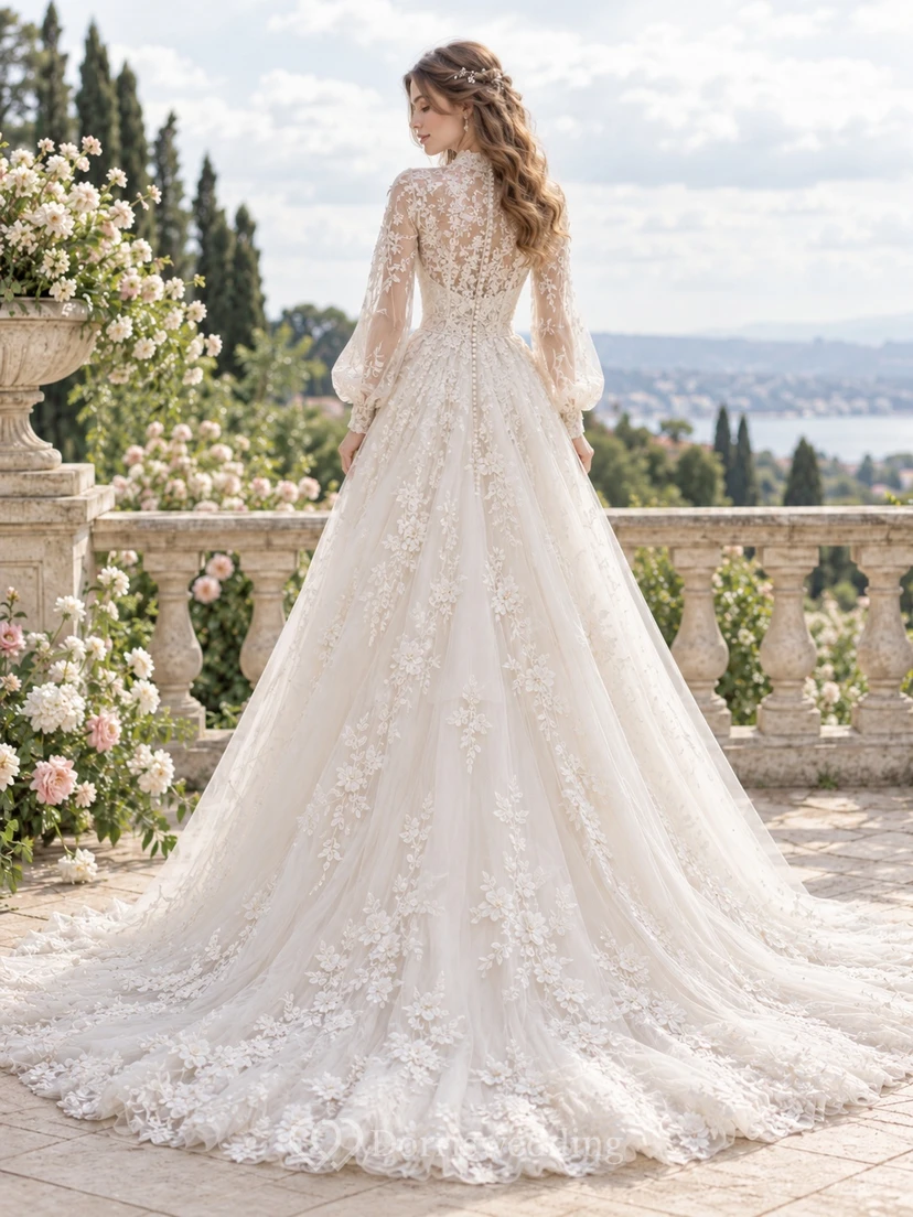 Modest High Neck Long Poet Sleeve Applique Tulle Wedding Dress view 2