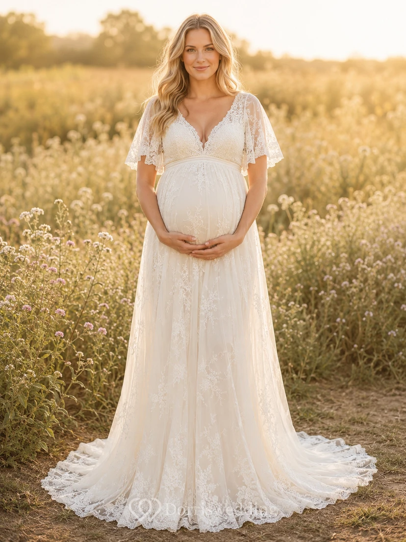 Maternity Wedding Dress V Neck Flutter Sleeve Lace A-Line Country Gown with Sweep Train