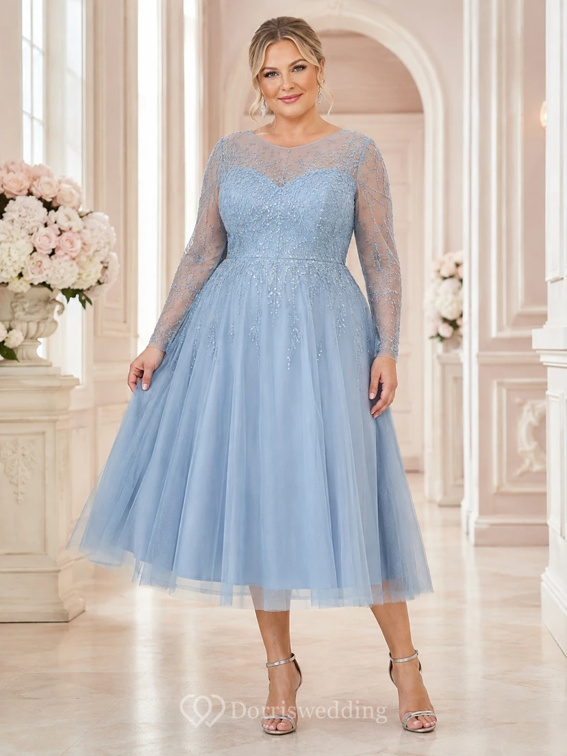 Plus Size Teelänge Langarm Illusion Tüll A-Linien-Kleid