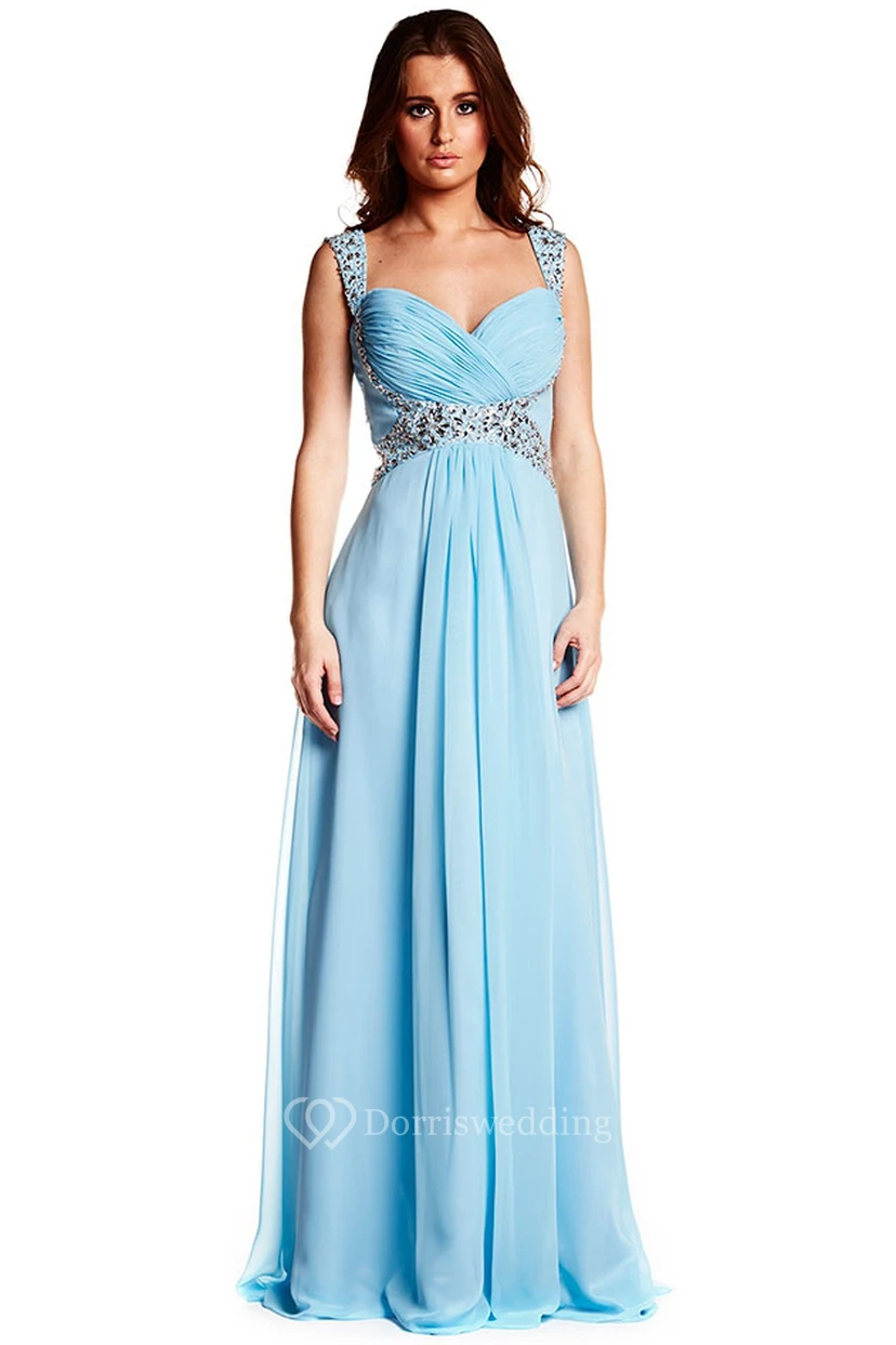 Sleeveless Strapped Criss-Cross Chiffon Prom Dress With Beading
