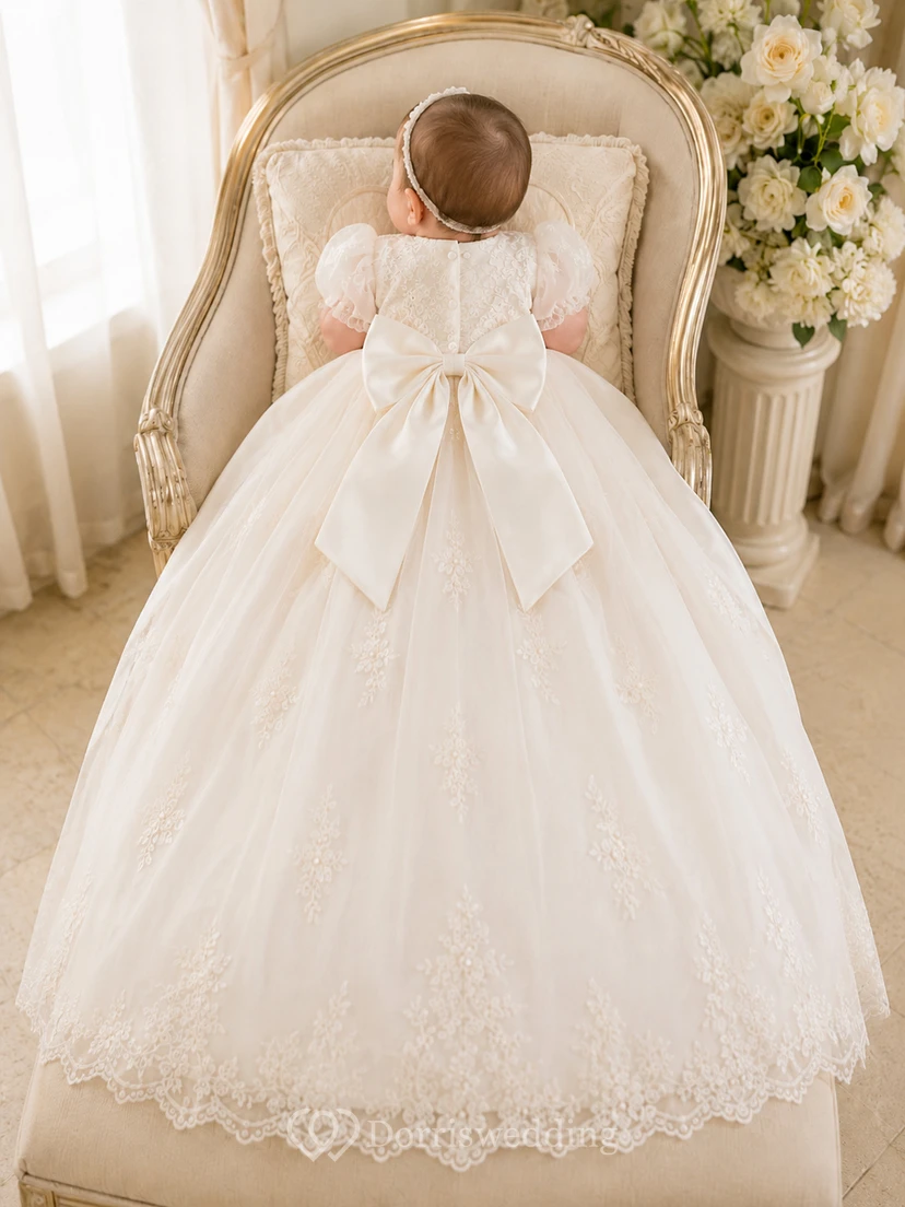 Baby Baptism Christening Ceremony Gown A-Line Floor-Length Jewel Neck Puff Sleeve Tulle Lace Bow Back Button Back view 2