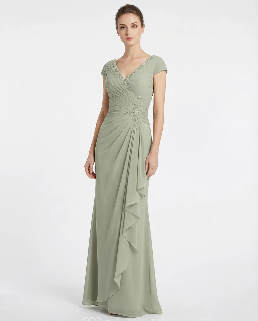 Draped Cap Sleeve V-Neck Chiffon Formal Gown