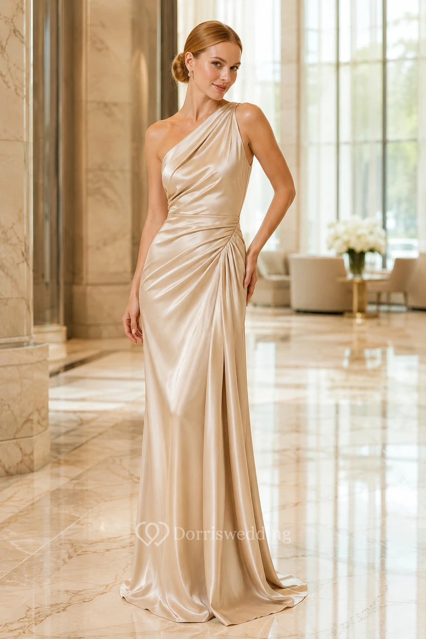 Champagne One-Shoulder Satin Sheath Evening Dress with Side Drape and Sweep Train