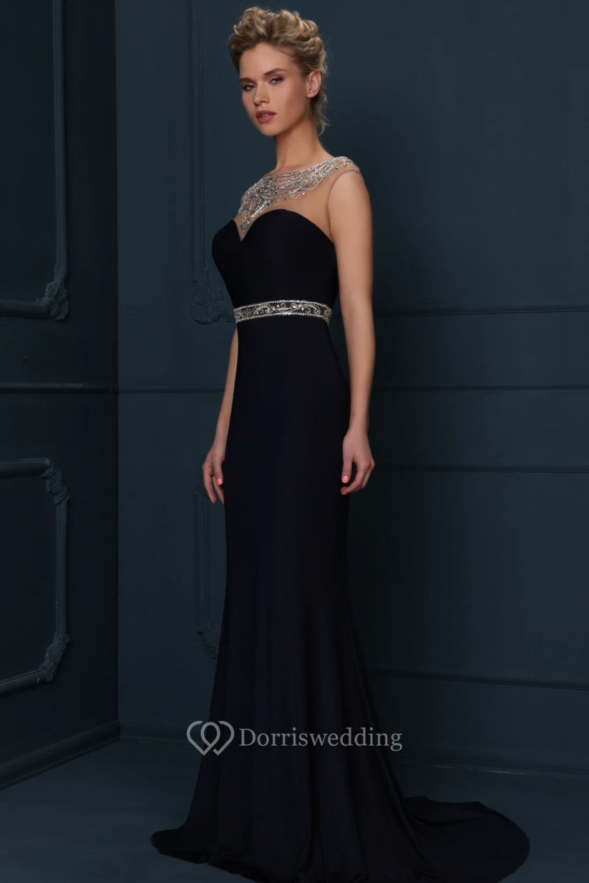 Cap Sleeve Jewel Neck Beaded Jersey Evening Dress view 3
