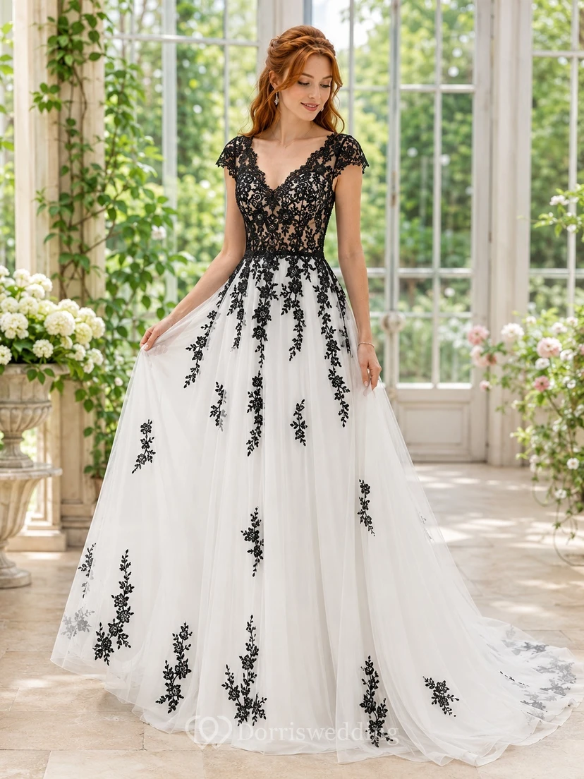 Black Floral Lace Short Sleeve V-neck A-Line Chapel Train Bridal Gown