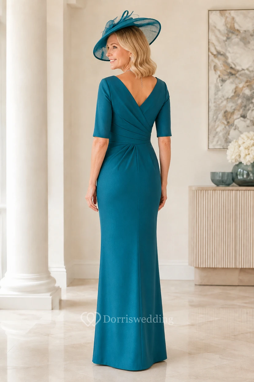 MOB Kleid Pfauenblau Jersey Stretch Satin Etuikleid Halbarm V-Ausschnitt Bodenlang Gerafft view 2