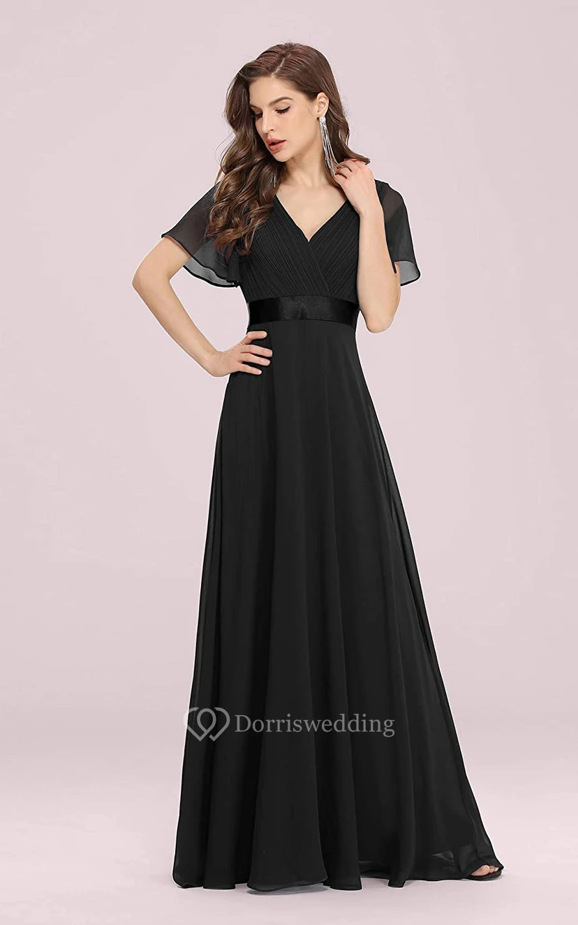 Elegant Chiffon V-neck A Line Short Sleeve Prom Mother Dress With Ruffles view 3