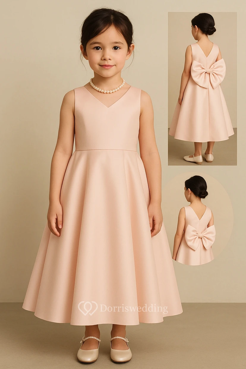 Simple Solid Satin A-line Flowergirl Dress with Back Bow