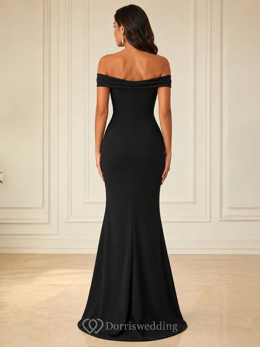 Vestido de noche de satén estilo sirena con escote Bardot, sin mangas y fruncido, largo hasta el suelo. view 2