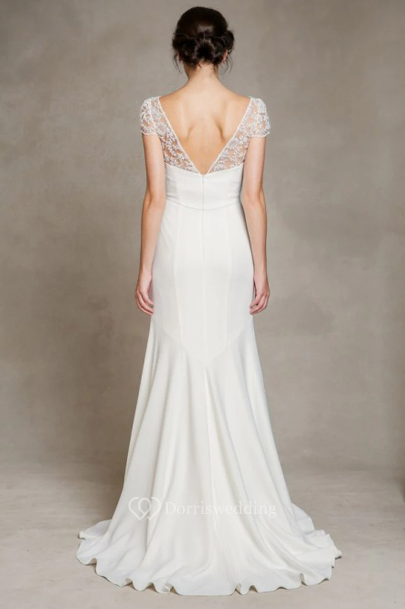 Sheath Scoop-Neck Floor-Length Cap-Sleeve Satin Wedding Dress view 3