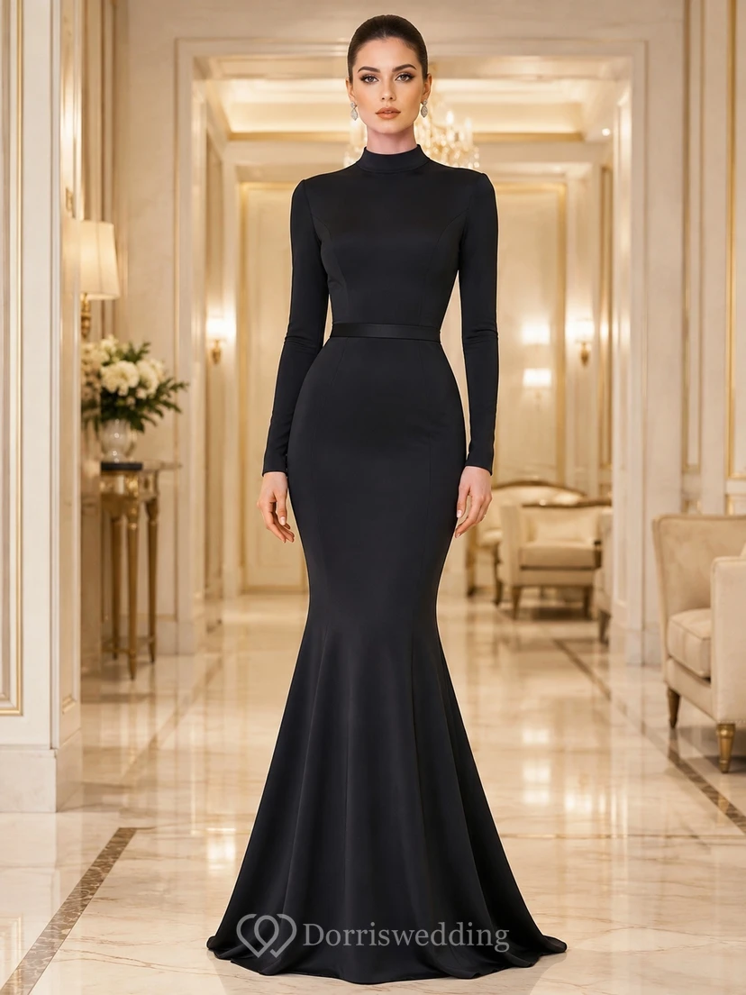Modest Black High Neck Long Sleeve Crepe Mermaid Floor-Length Evening Gown