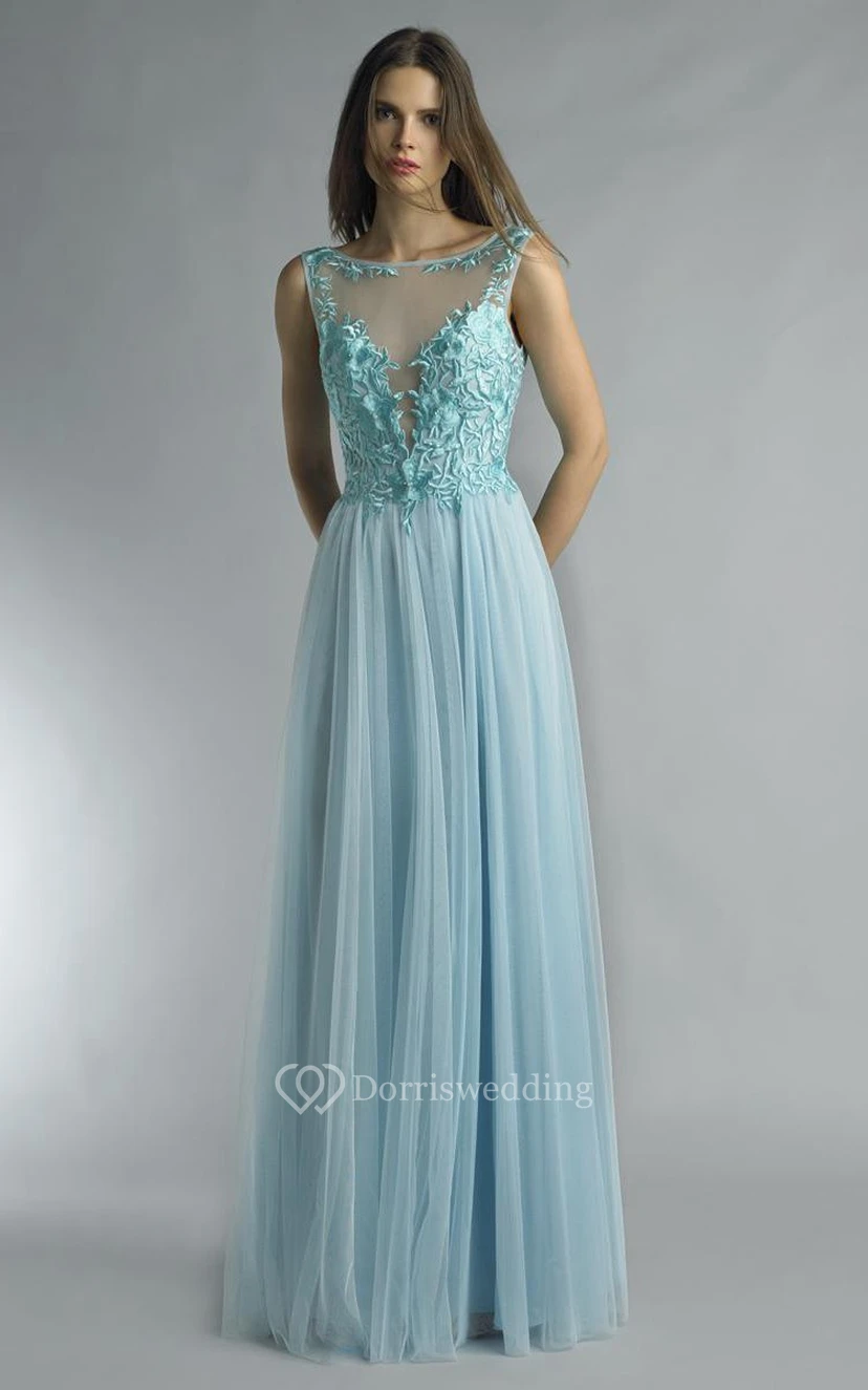 A-line Floor-length Jewel Sleeveless Tulle Low-V Back Dress view 10