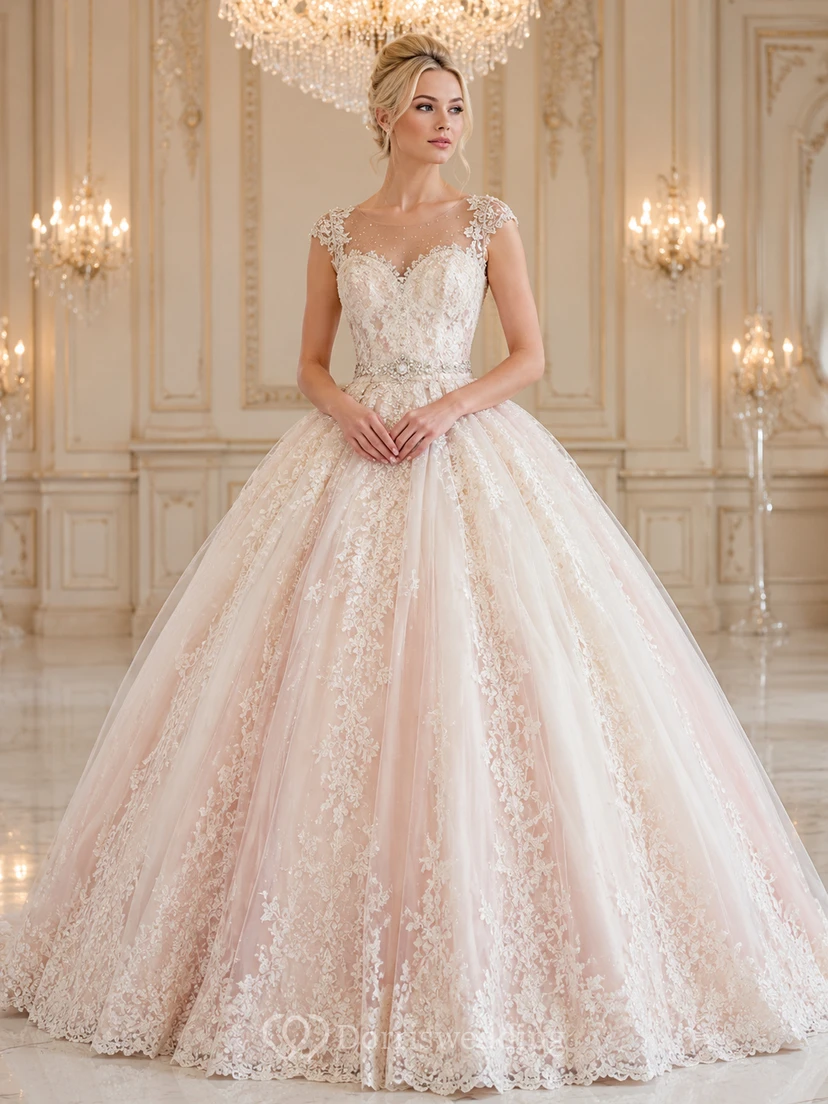 Vestido de fiesta formal de princesa para quinceañera, color marfil rosado, con mangas cortas y encaje ilusión.