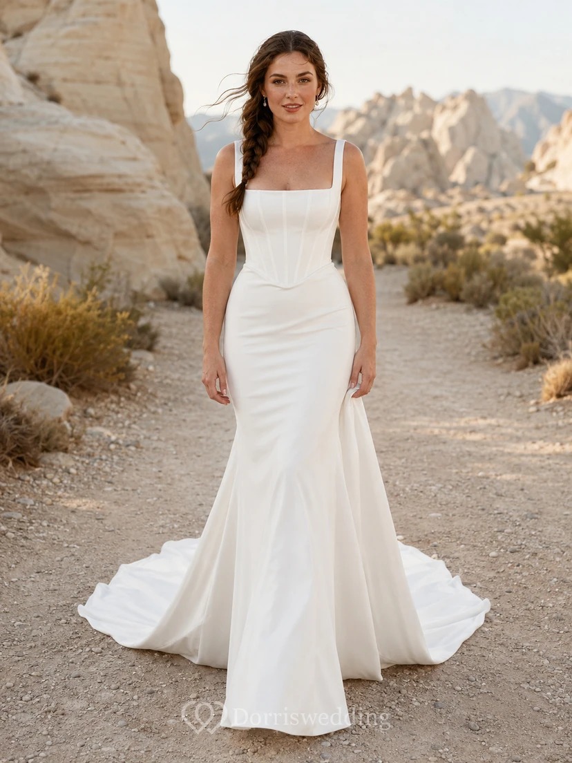 Robe de mariée sirène en satin à col carré et bretelles larges, boutonnée, style western, avec encolure carrée et boutons.