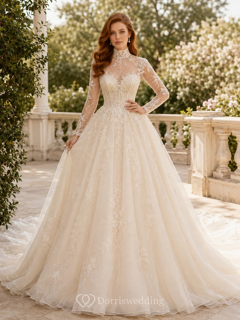 Robe de mariée de bal en tulle à col montant et manches illusion en dentelle longue