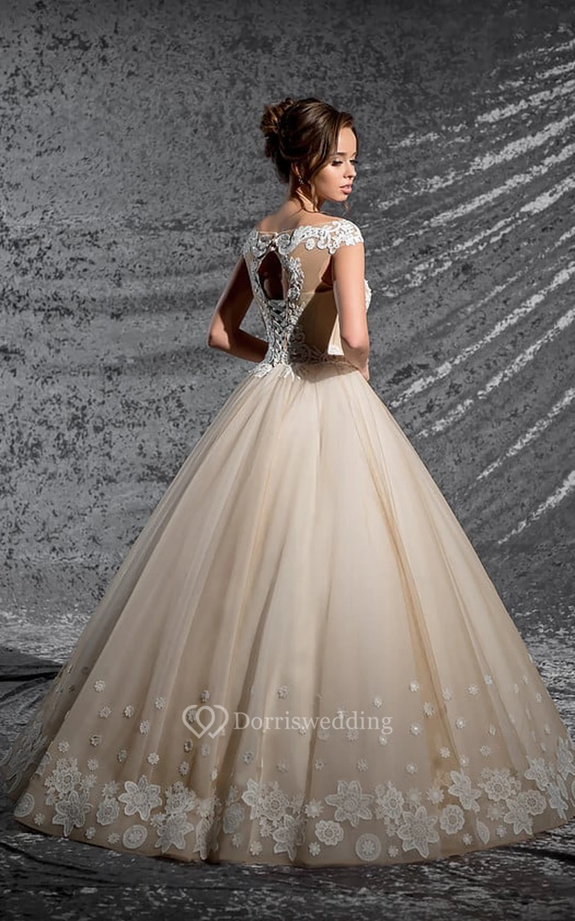 Ball Gown Long V-Neck Cap-Sleeve Keyhole Organza Dress With Appliques And Pleats view 2