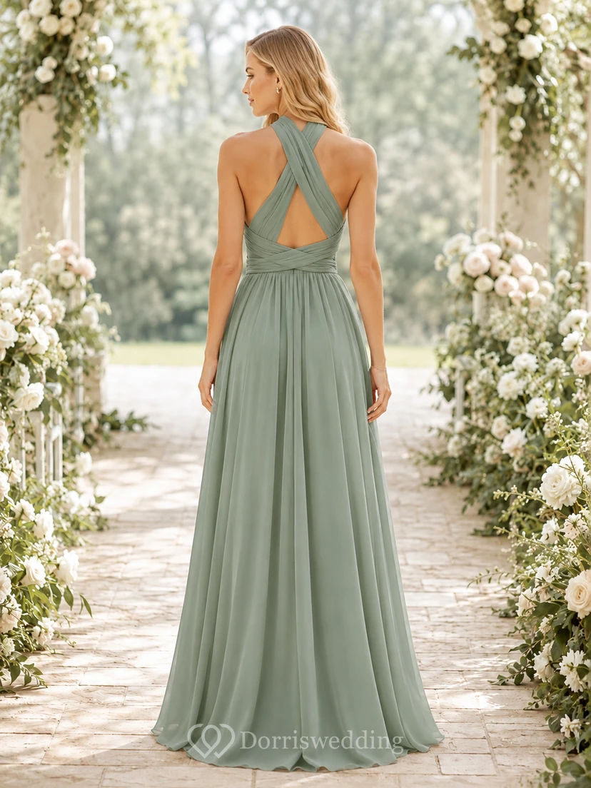 Robe de demoiselle d'honneur vert sauge convertible dos nu en mousseline longue jusqu'au sol view 2