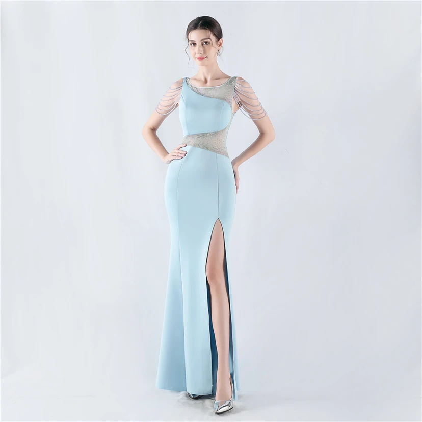 Heavy Hot Diamonds For Transparent Mesh High-Slit Satin Evening Dress Annual Meeting Wedding view 61
