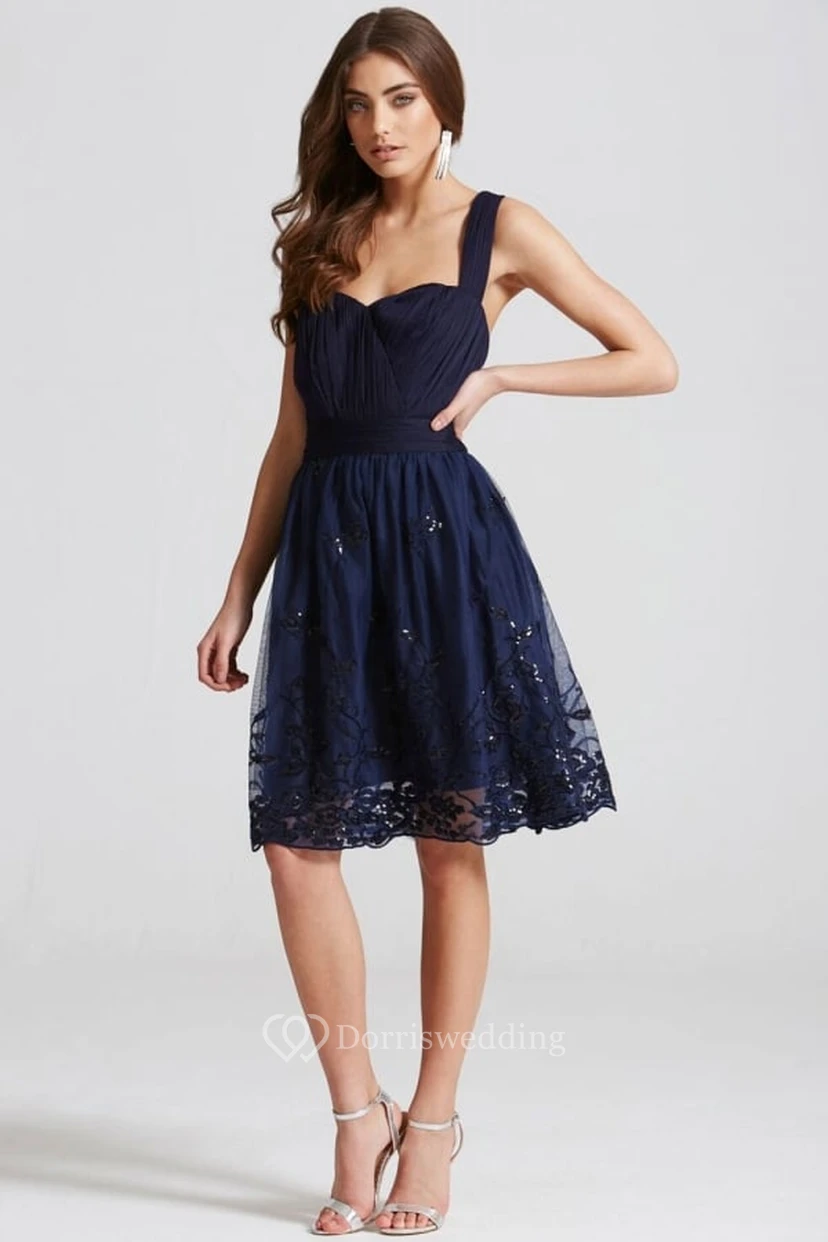 Short Strapped Sleeveless Appliqued Tulle Bridesmaid Dress With Ruching view 3