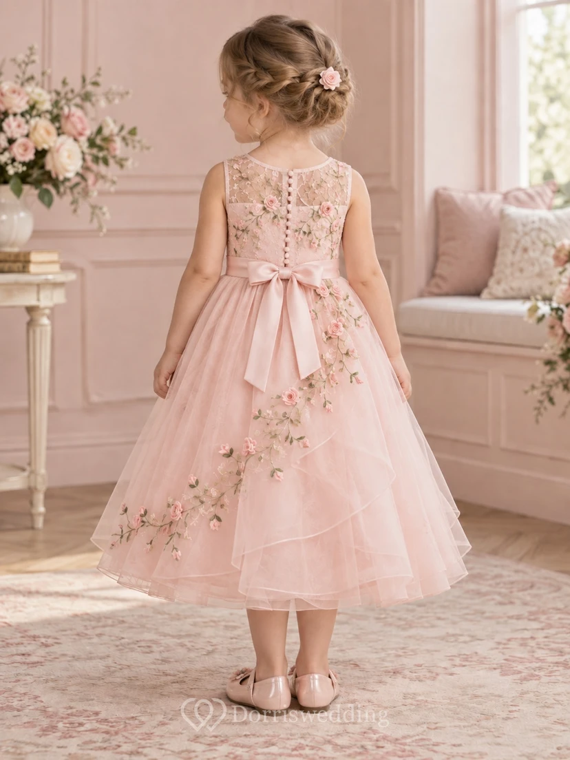 Teelanges, zartrosa geblümtes Sommerkleid in A-Linie aus Tüll, ärmellos mit Schärpe, Blumenmädchenkleid view 2