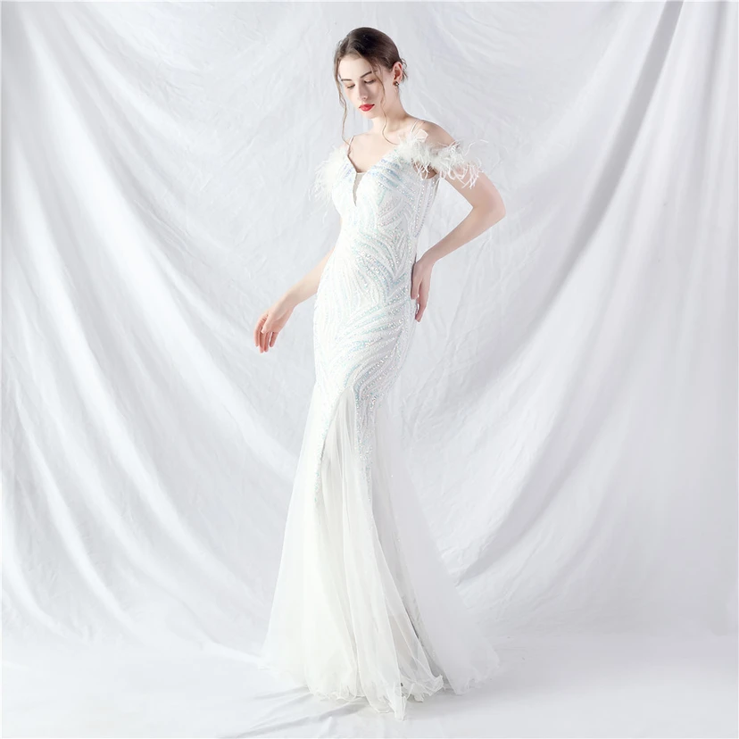 Crafted Ostrich Feather Stacked Sequins Splicing Mesh Gauze High-End Evening Dress Clothes view 63