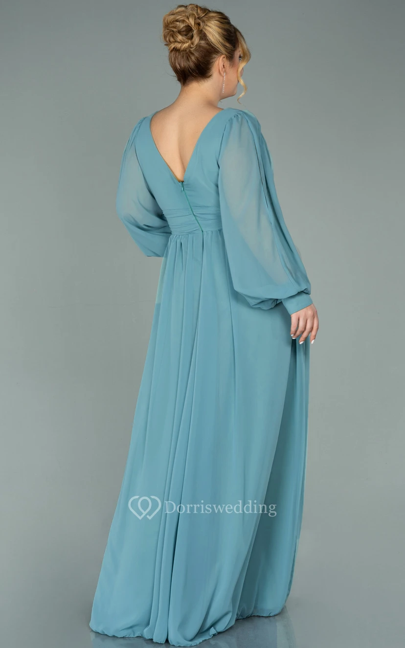Vestido de noche de gasa con escote en V, manga larga, abertura frontal y pliegues, talla grande view 16