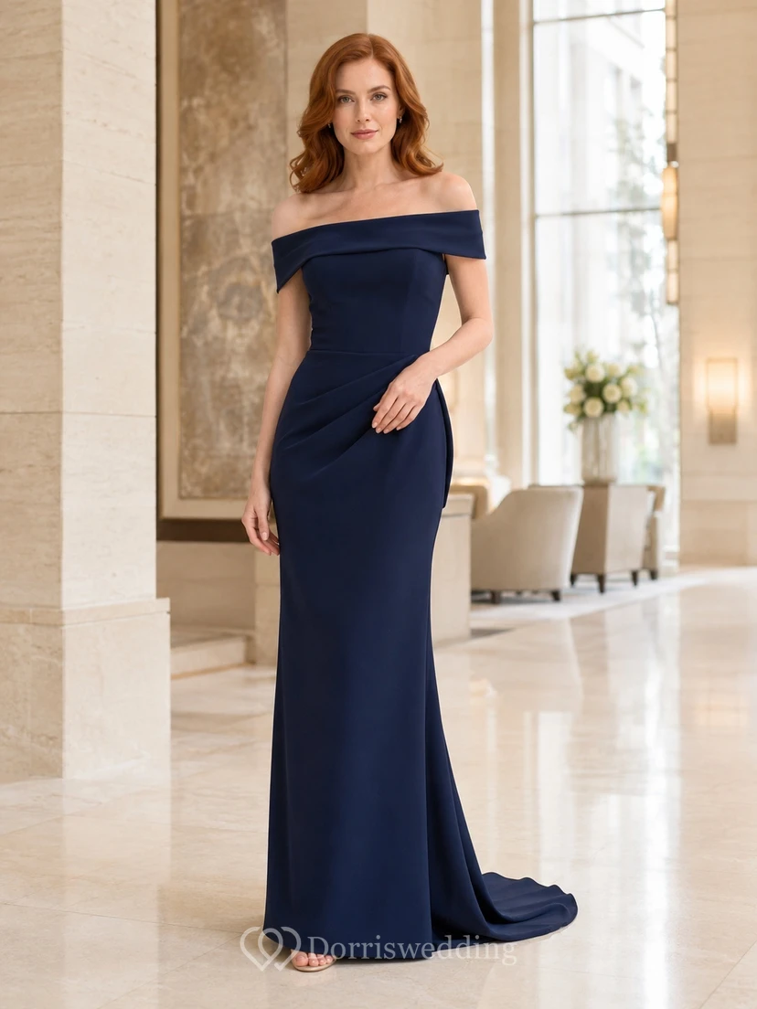 Navy Jersey Off-the-shoulder Short Sleeve Sheath Floor-length Sweep Elegant Reception Guest Gown
