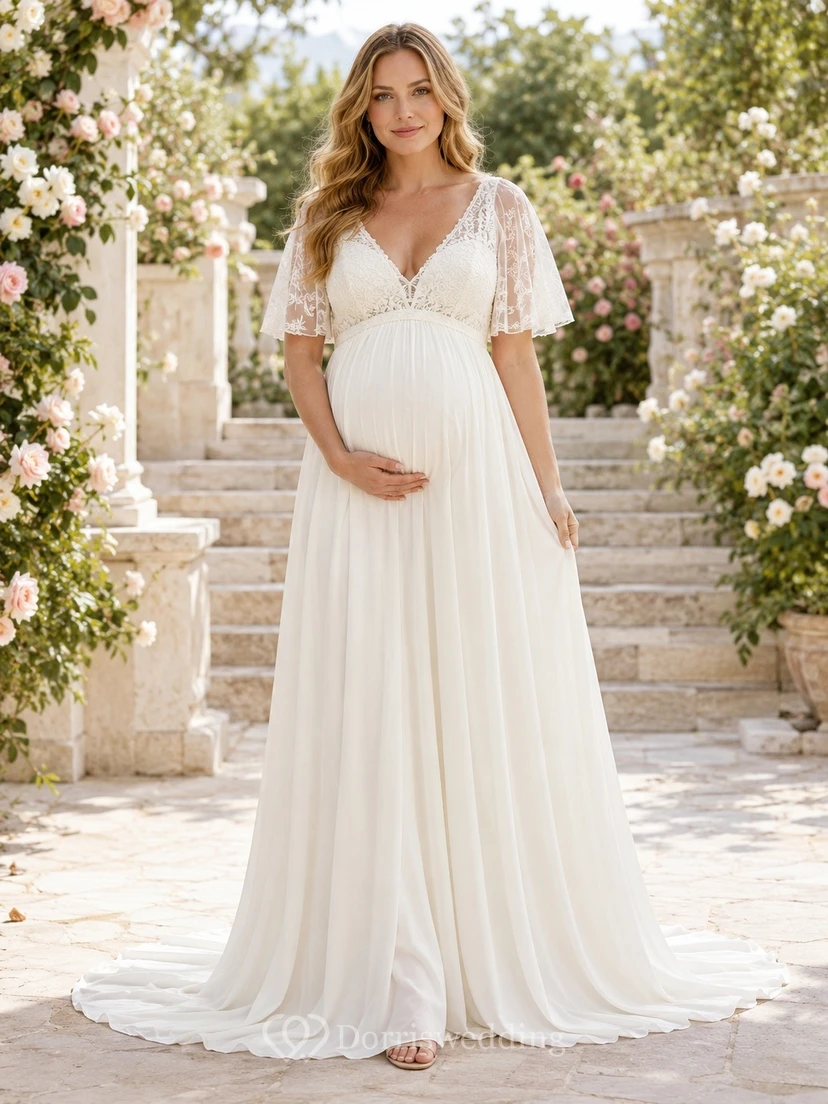 Vestido de novia de gasa con encaje y cuello en V, manga corta y corte en A para embarazadas