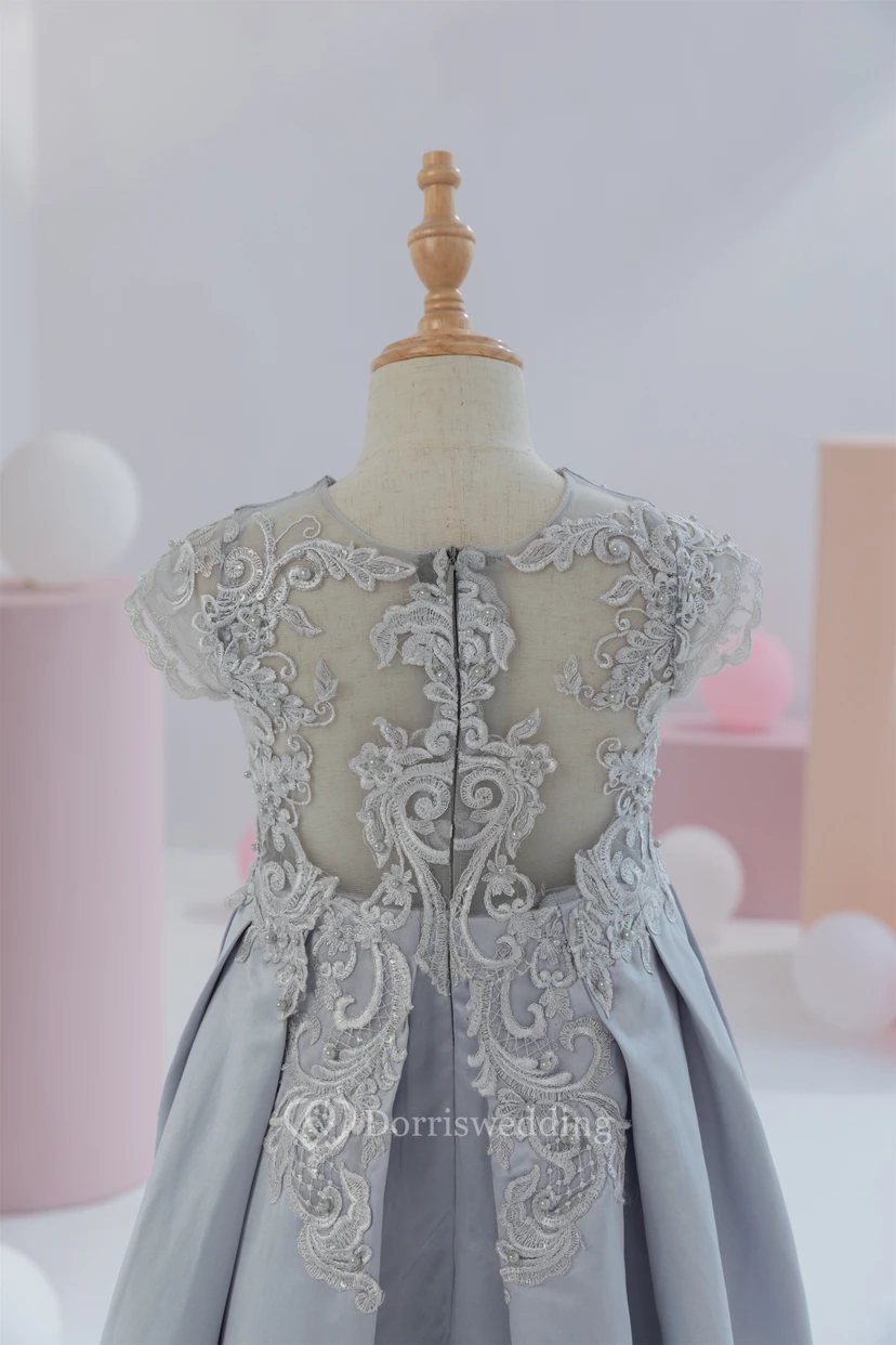 Scoop-neck Short-sleeve Satin Empire Ball Gown Flowergirl Dress with Appliques view 8