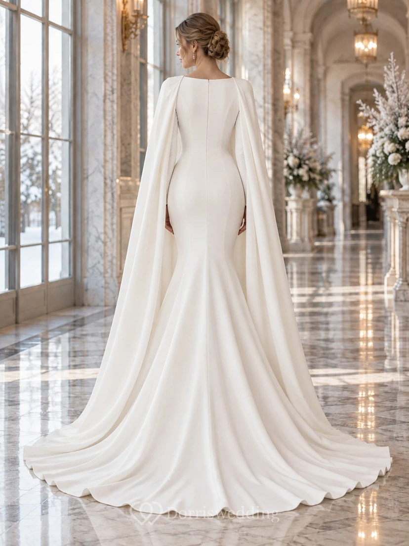Simple Long Sleeve Winter Bateau Neck Flared Crepe Cape Wedding Dress view 2