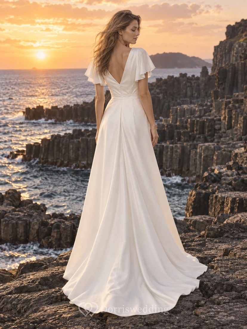 Schlichtes, fließendes Brautkleid mit V-Ausschnitt, flatternden Ärmeln und Falten view 2