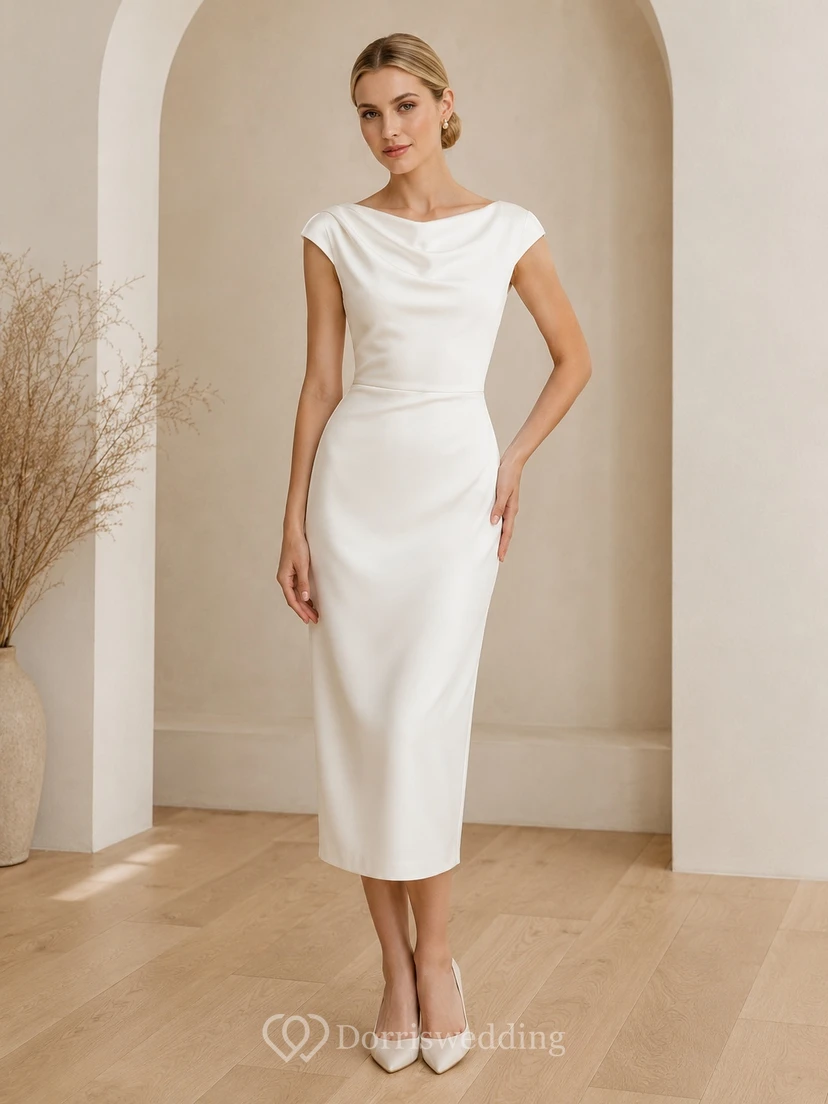 White Guest Dress Sheath Satin Bateau Cap Sleeve Tea-Length Simple Elegant Style