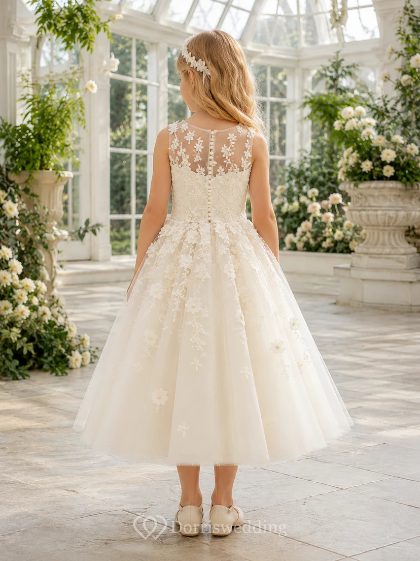 A-Line Couture Flower Girl Dress with Sleeveless Lace Bodice, Hand Appliques, Full Tulle Skirt, Beaded Waist, Couture Formal Style view 2