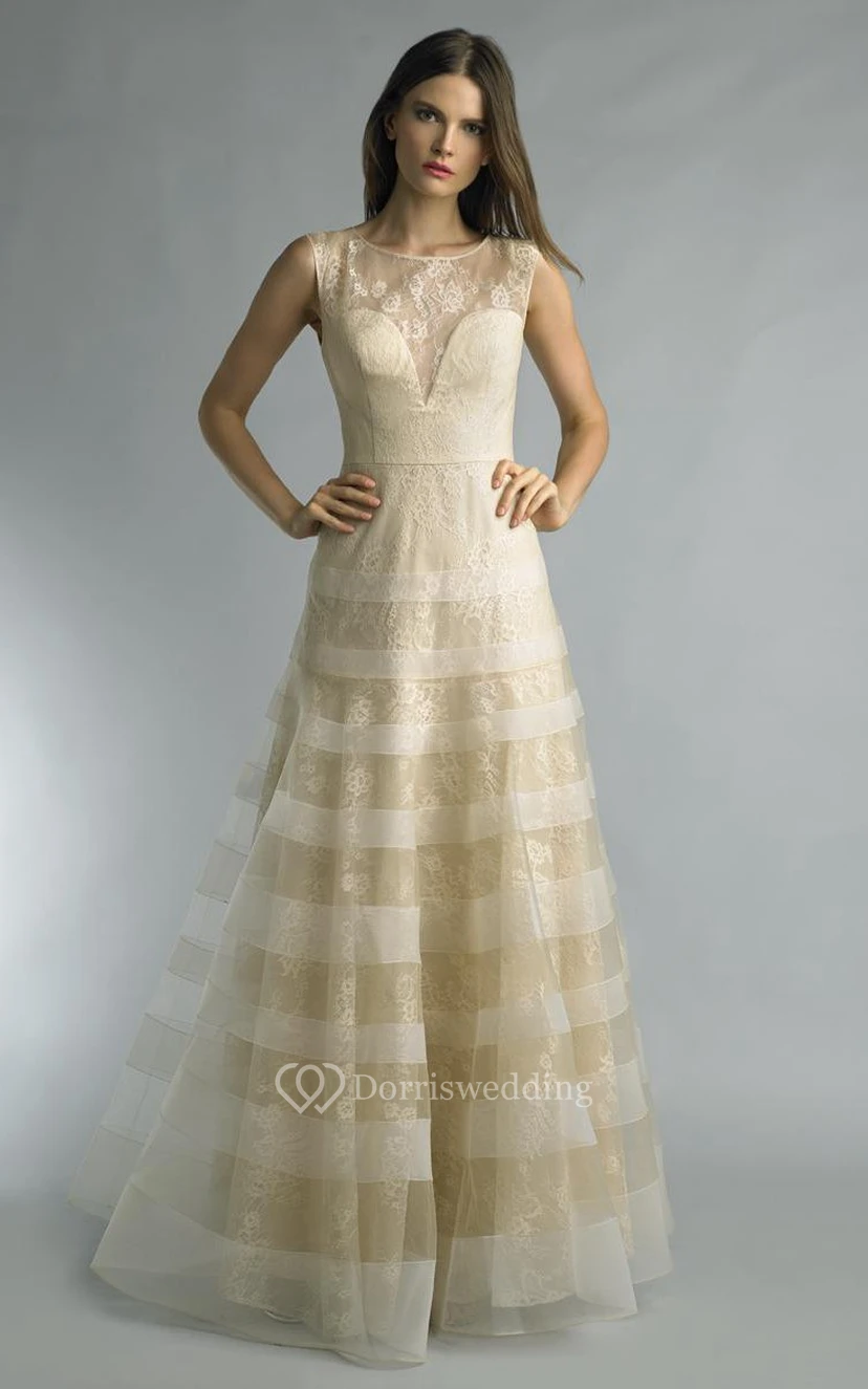 A-line Floor-length Jewel Short Sleeve Lace Low-V Back Dress