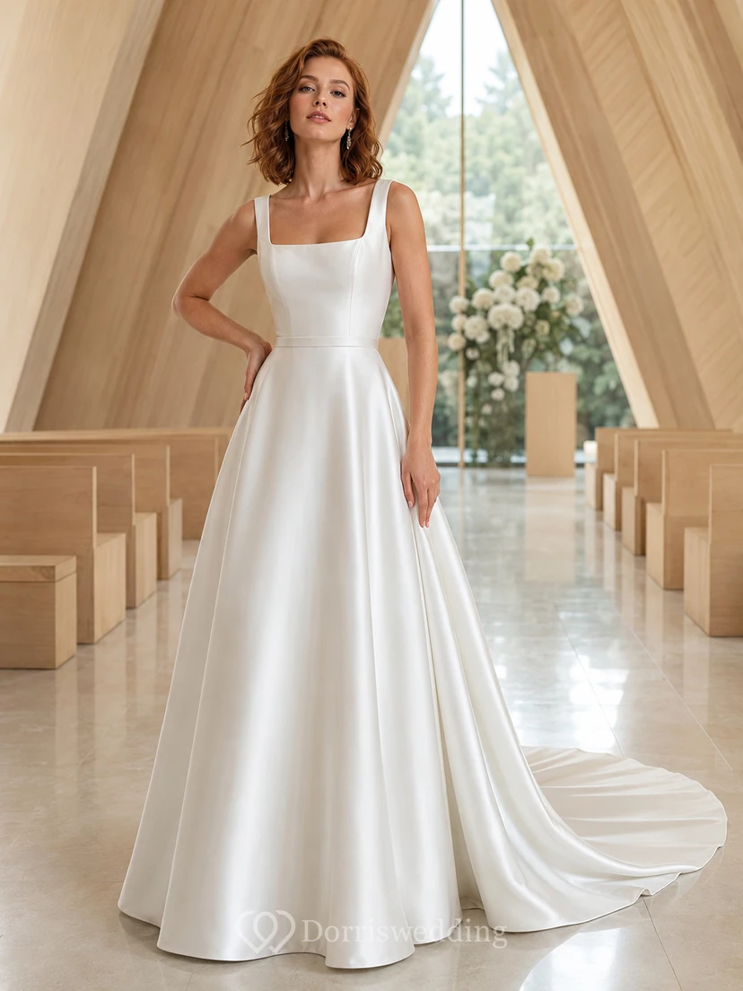 Square Neck Satin Chapel Gown With Long Train
