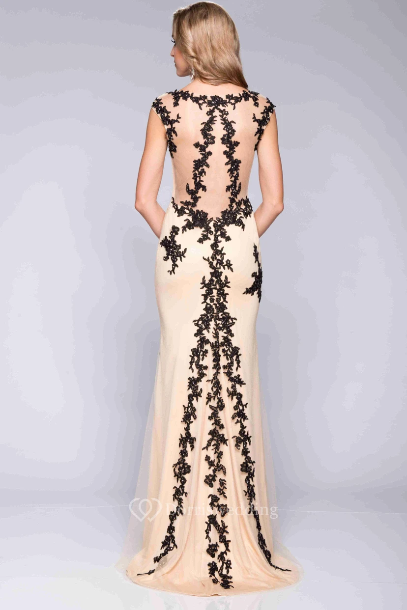 Side Slit Appliqued Sheath Jersey Prom Dress With Bateau Neck view 2