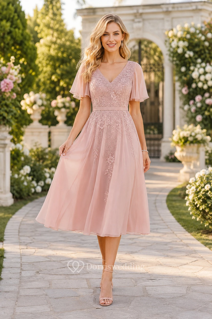 Blushing Pink Tea Length A-Line Tulle Guest Dress with Flutter Sleeves for Bridesmaids Wedding Guests and Formal Receptions