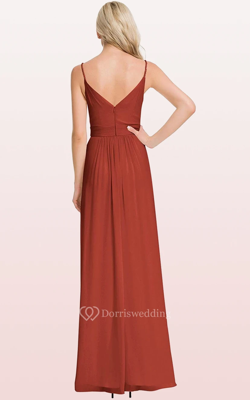 Romantic V-neck A Line Sleeveless Ankle-length Chiffon Bridesmaid Dress With Ruching view 2