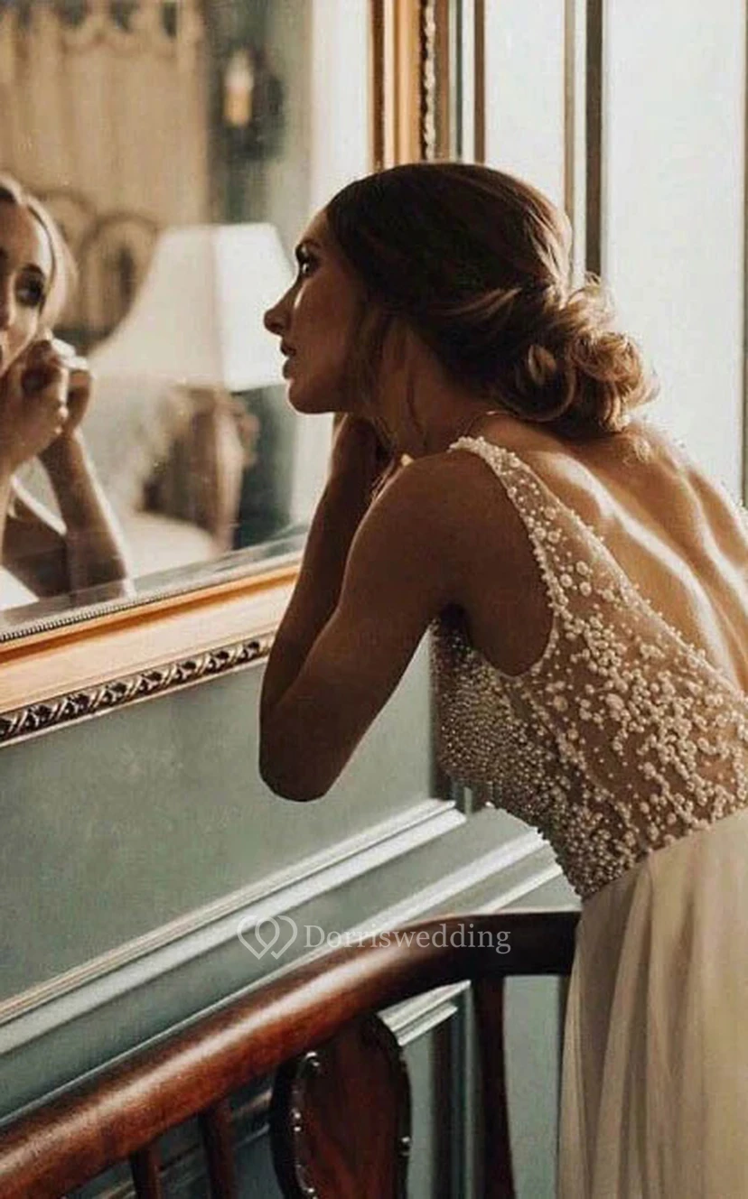 Sexy ärmelloses Empire-Brautkleid aus Tüll in A-Linie mit perlenbesetztem Oberteil view 2