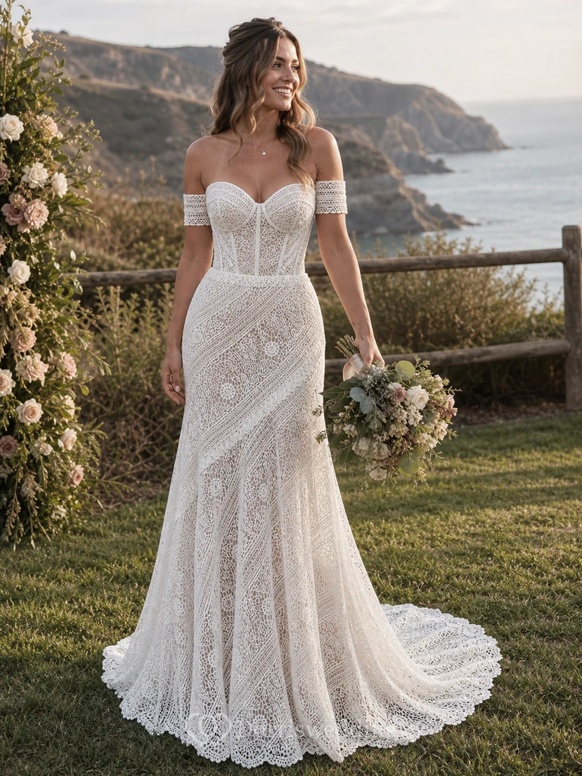 Vestido de novia bohemio de corte imperio con encaje y escote corazón. view 10