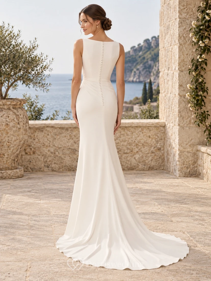Ärmelloses Brautkleid aus Crêpe mit U-Boot-Ausschnitt, Schleppe und Knopfleiste am Rücken view 2