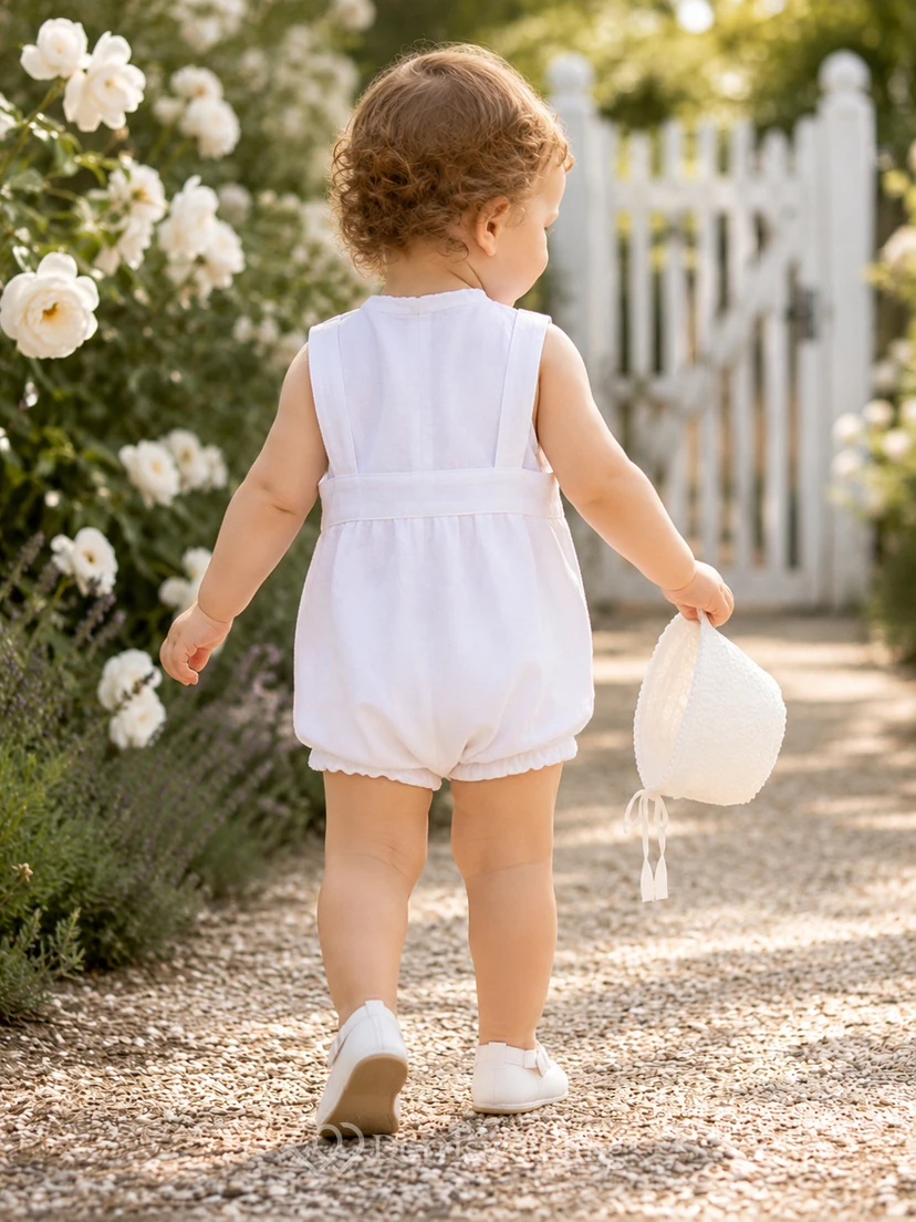 Simple White Sleeveless Pintuck Linen Baby Baptism Shortall Romper view 2