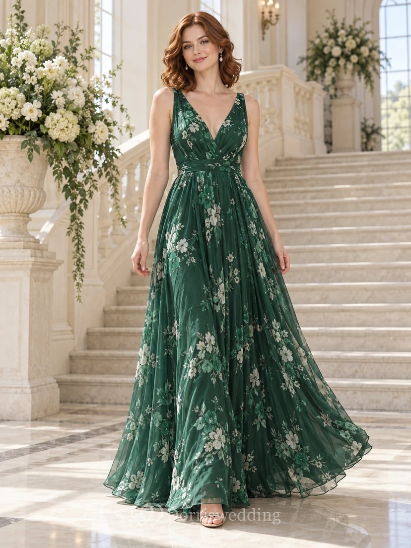 Vestido de fiesta largo hasta el suelo de gasa sin mangas con escote en V y estampado floral verde oscuro, corte en A.