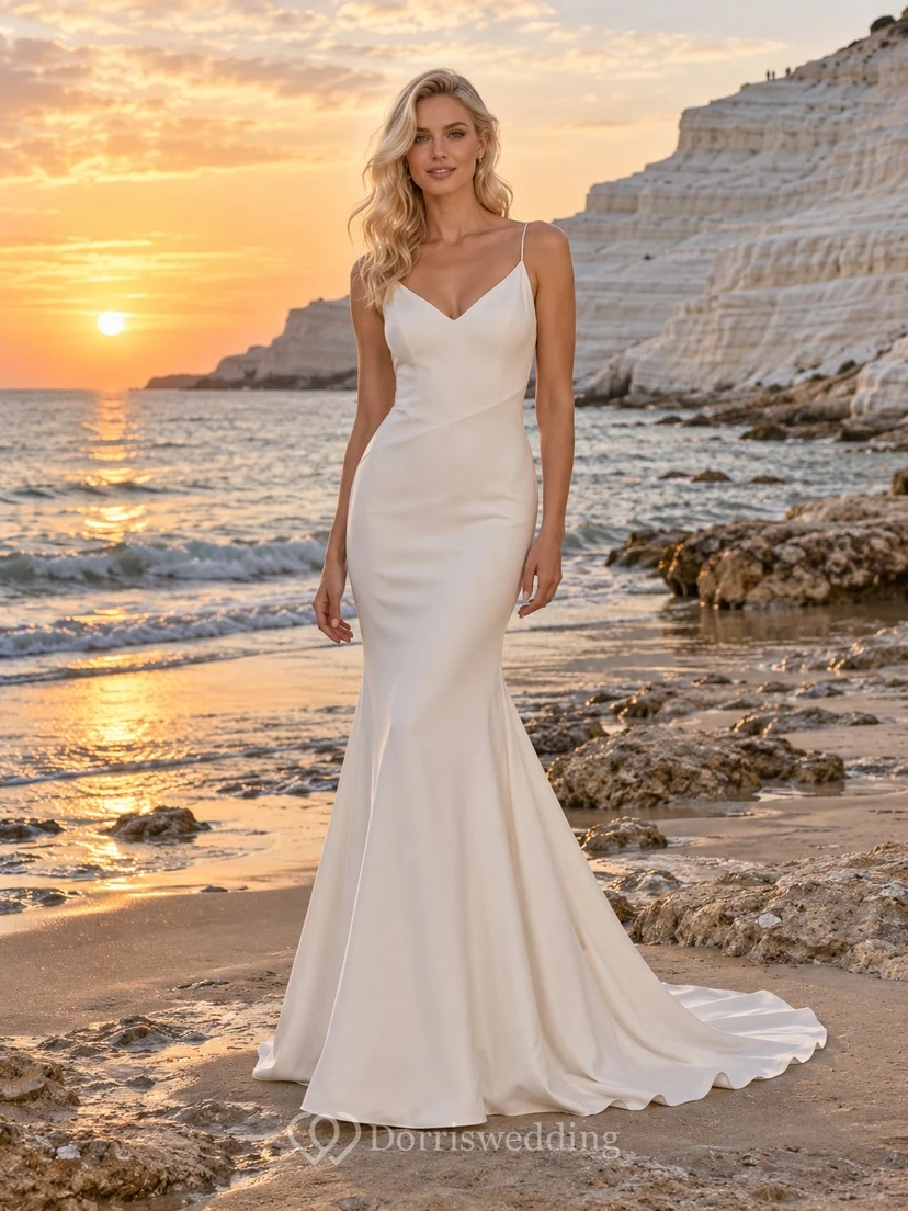 Vestido de novia sencillo de sirena con escote en V, sin mangas, espalda de satén y cola larga, de crepé.