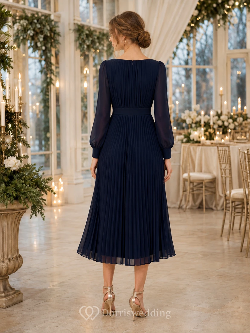 Navy Pleated Chiffon Long Sleeve Formal Reception Midi Dress view 2