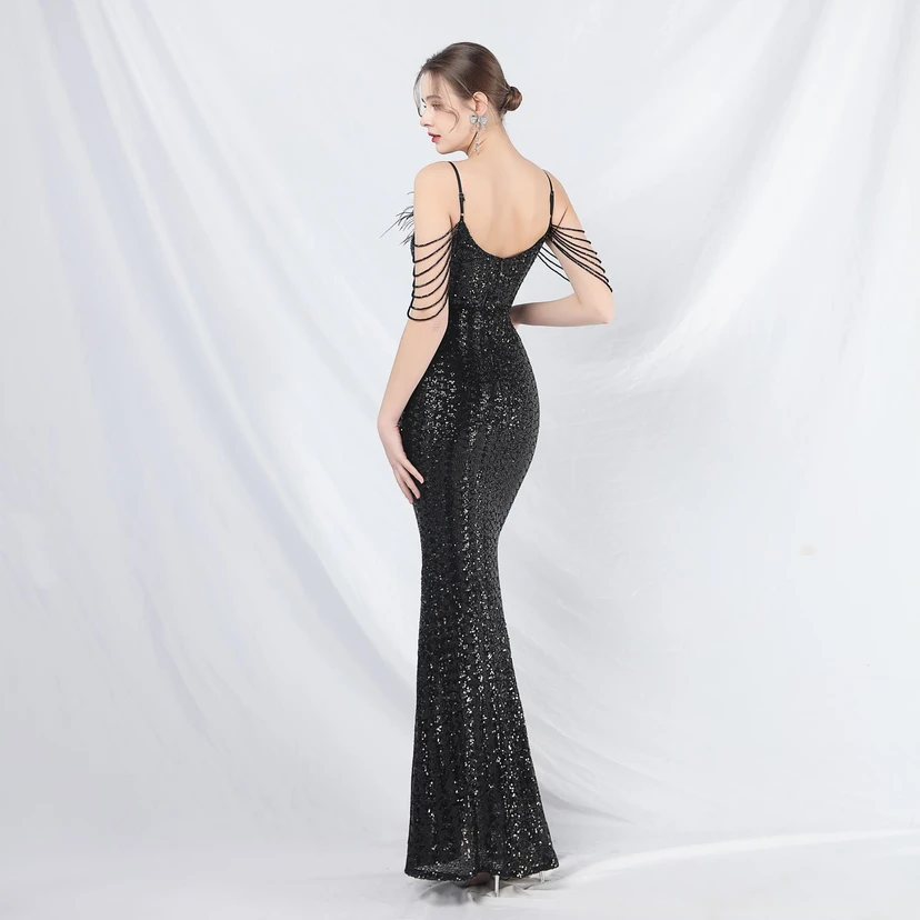Craft Beaded Ostrich Feather Fantasy Sequined Long Evening Dress view 69