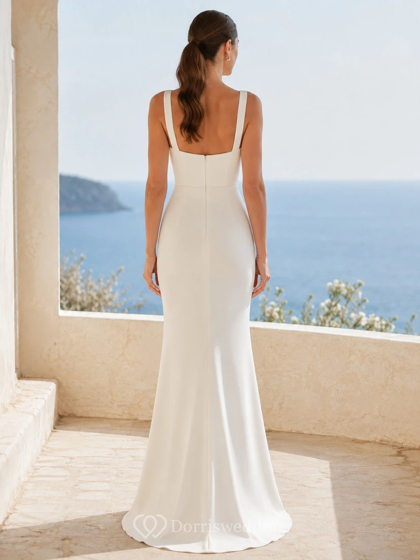 Vestido de novia de gasa para playa, corte en A, escote en V, sin mangas, cola larga con abertura, espalda baja en V. view 2