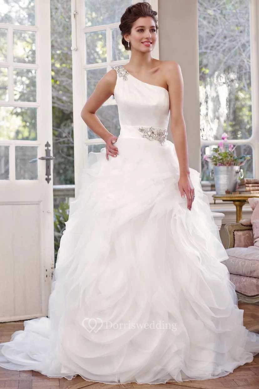 Maxi One-Shoulder Jeweled Organza Wedding Dress With Chapel Train And Corset Back