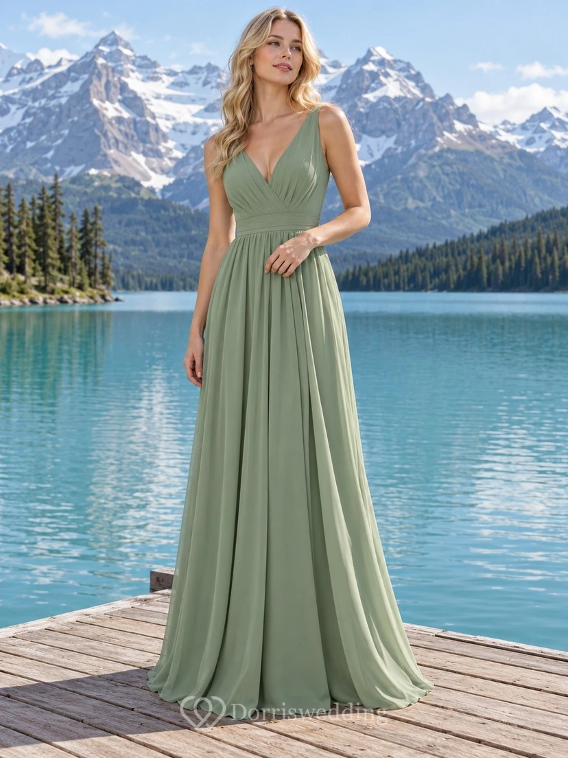 Robe de demoiselle d'honneur romantique vert sauge avec col en V froncé et jupe fluide trapèze